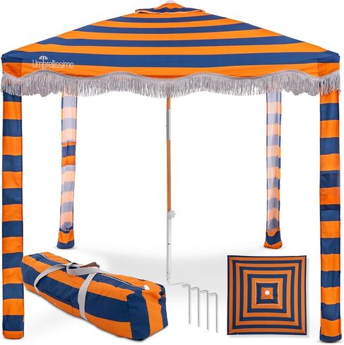 Premium Beach Cabana - Umbrellissimo Sage. Includes Sand Anchor, Designer Canvas Prints & Fringe finishes, Sand Pockets, pegs, Matching Carry Bag. Easy Set up 6.6'x6.6' of Cool UPF 50+ Shade in Saudi Arabia