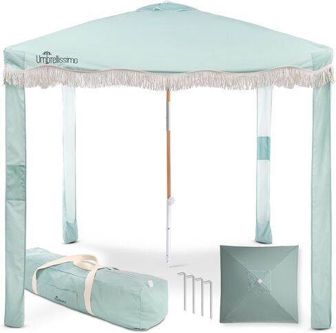 Premium Beach Cabana - Umbrellissimo Sage. Includes Sand Anchor, Designer Canvas Prints & Fringe finishes, Sand Pockets, pegs, Matching Carry Bag. Easy Set up 6.6'x6.6' of Cool UPF 50+ Shade in Saudi Arabia