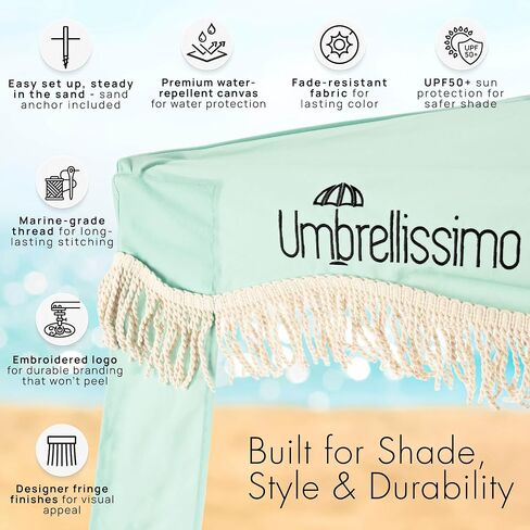 Premium Beach Cabana - Umbrellissimo Sage. Includes Sand Anchor, Designer Canvas Prints & Fringe finishes, Sand Pockets, pegs, Matching Carry Bag. Easy Set up 6.6'x6.6' of Cool UPF 50+ Shade in Saudi Arabia