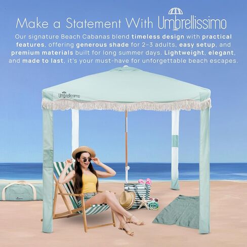 Premium Beach Cabana - Umbrellissimo Sage. Includes Sand Anchor, Designer Canvas Prints & Fringe finishes, Sand Pockets, pegs, Matching Carry Bag. Easy Set up 6.6'x6.6' of Cool UPF 50+ Shade in Saudi Arabia