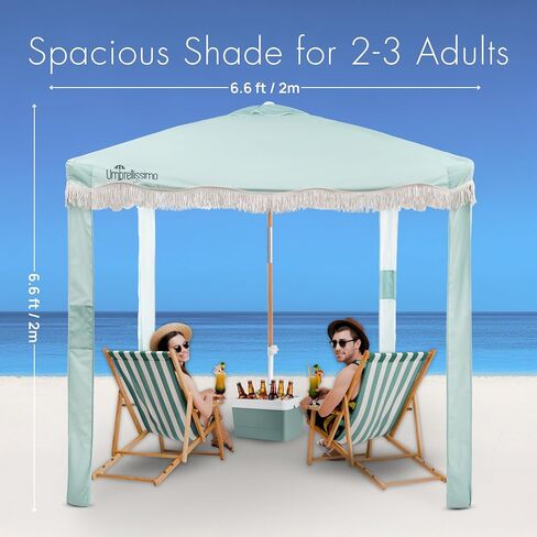Premium Beach Cabana - Umbrellissimo Sage. Includes Sand Anchor, Designer Canvas Prints & Fringe finishes, Sand Pockets, pegs, Matching Carry Bag. Easy Set up 6.6'x6.6' of Cool UPF 50+ Shade in Saudi Arabia