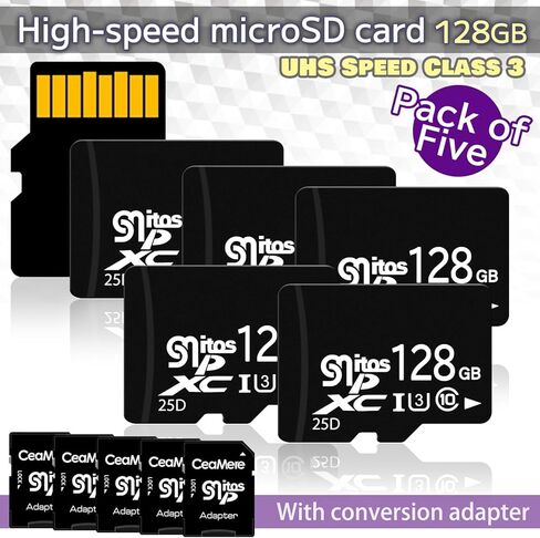 [5 عبوات] بطاقات microSD 128 جيجابايت مع محولات SD-U3 Class 10 ، ذاكرة عالية السرعة للفيديو 4K ، الأجهزة المحمولة ، كاميرات الحركة ، وحدات التحكم في الألعاب ، الطائرات بدون طيار in Saudi Arabia