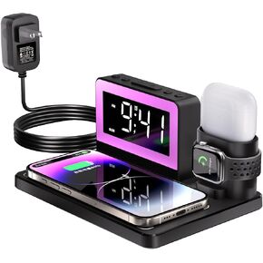 Wireless Fast Charging Station - 7 in 1 Alarm Clock with Wireless Charger Stand - Charging Dock for Apple/Samsung Galaxy Multiple Devices - for iPhone Watch and Airpods (Black) in Saudi Arabia