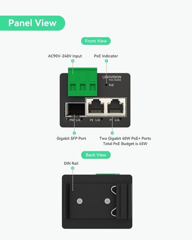 Linovision Mini 40W Poe+ Injector لكاميرات PTZ الكبيرة ، أو قوس جدارية أو صندوق تقاطع ، أو إخراج POE+ إضافي للسماعات أو AP ، نقل الألياف SFP in Kuwait