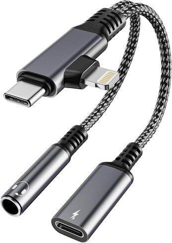 USB-C to 3.5mm Headphone and Charger Adapter - Dual Port (Lightning & USB-C Input) to AUX 3.5mm Jack & 60W PD Fast Charging with Call Support, for iPhone 15/16 Android Tablet in Saudi Arabia