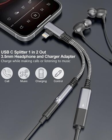 USB-C to 3.5mm Headphone and Charger Adapter - Dual Port (Lightning & USB-C Input) to AUX 3.5mm Jack & 60W PD Fast Charging with Call Support, for iPhone 15/16 Android Tablet in Saudi Arabia