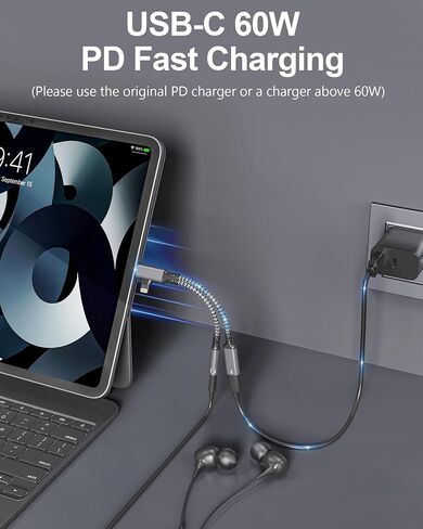 USB-C to 3.5mm Headphone and Charger Adapter - Dual Port (Lightning & USB-C Input) to AUX 3.5mm Jack & 60W PD Fast Charging with Call Support, for iPhone 15/16 Android Tablet in Saudi Arabia