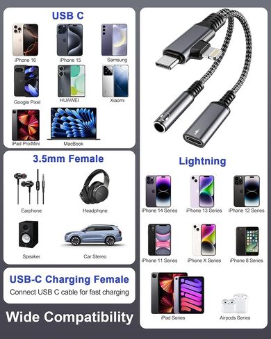 USB-C to 3.5mm Headphone and Charger Adapter - Dual Port (Lightning & USB-C Input) to AUX 3.5mm Jack & 60W PD Fast Charging with Call Support, for iPhone 15/16 Android Tablet in Saudi Arabia