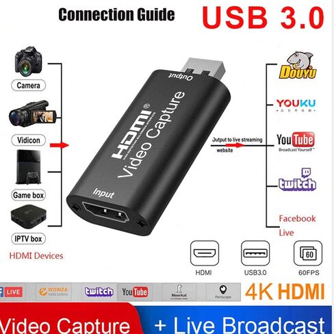 Video Capture Card, Hdmi Video Capture Card, USB Capture Card,4K HDMI to USB2.0, Record via DSLR Camcorder Cam for High Definition Acquisition, for Broadcasting, Amamzing Record, Meeting,ect. (Black) in Saudi Arabia