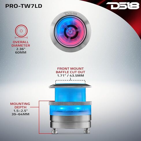DS18 PRO-TW7LD 2.3" Neodymium Super Bullet Tweeter with Digital LED Lights - 1" Voice Coil, Transparent Polycarbonate Body and Bullet, 200W Max,100W RMS, 4 Ohms, Built-in Crossover - 1 Speaker in Saudi Arabia