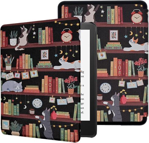Case for 6.8" Kindle Paperwhite (11th Generation-2021) and Kindle Paperwhite Signature Edition, Book Lover Gifts Lightweight PU Leather Cover with Auto Wake/Sleep, Bookshelf Cat in Saudi Arabia
