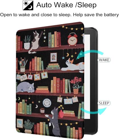 Case for 6.8" Kindle Paperwhite (11th Generation-2021) and Kindle Paperwhite Signature Edition, Book Lover Gifts Lightweight PU Leather Cover with Auto Wake/Sleep, Bookshelf Cat in Saudi Arabia