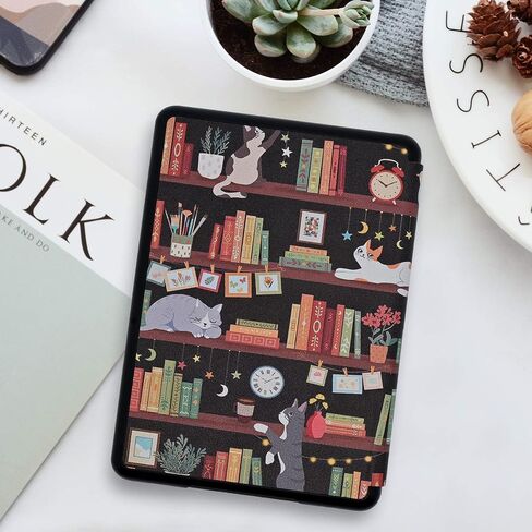 Case for 6.8" Kindle Paperwhite (11th Generation-2021) and Kindle Paperwhite Signature Edition, Book Lover Gifts Lightweight PU Leather Cover with Auto Wake/Sleep, Bookshelf Cat in Saudi Arabia