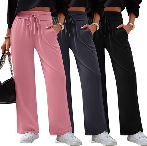 Neer 3 قطعة سراويل اليوغا النسائية واسعة الساق عالية الخصر الرباط اليوغا Sweatpants صالة ركض عادية بانت مع جيوب in Kuwait