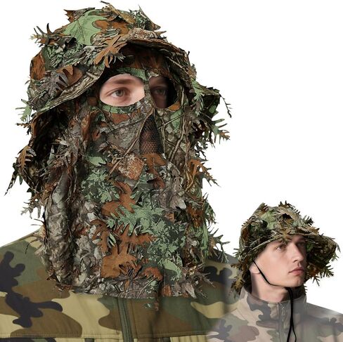 Punchman 3D Leeky Camo Face Mask Hat للرجال Deer Duck Turkey Hunting ، Hiter Tactical Boonie Hats ، Camo Ghillie Bucket Hat لصيد الغزلان ، صيد الأسماك (عصابة رأس قابلة للتعديل وذقن) in Kuwait
