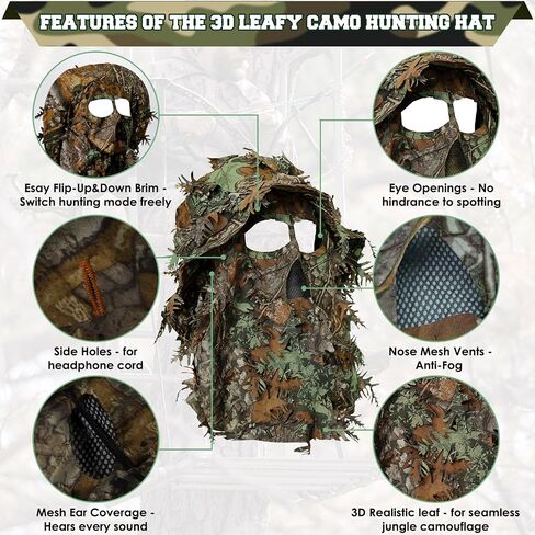 Punchman 3D Leeky Camo Face Mask Hat للرجال Deer Duck Turkey Hunting ، Hiter Tactical Boonie Hats ، Camo Ghillie Bucket Hat لصيد الغزلان ، صيد الأسماك (عصابة رأس قابلة للتعديل وذقن) in Kuwait