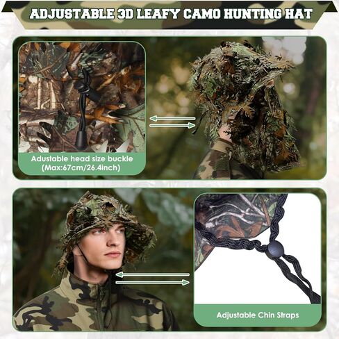 Punchman 3D Leeky Camo Face Mask Hat للرجال Deer Duck Turkey Hunting ، Hiter Tactical Boonie Hats ، Camo Ghillie Bucket Hat لصيد الغزلان ، صيد الأسماك (عصابة رأس قابلة للتعديل وذقن) in Kuwait