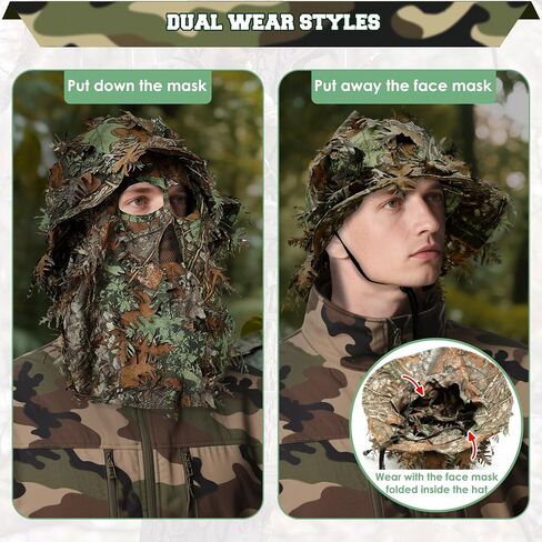 Punchman 3D Leeky Camo Face Mask Hat للرجال Deer Duck Turkey Hunting ، Hiter Tactical Boonie Hats ، Camo Ghillie Bucket Hat لصيد الغزلان ، صيد الأسماك (عصابة رأس قابلة للتعديل وذقن) in Kuwait