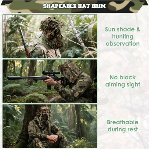 Punchman 3D Leeky Camo Face Mask Hat للرجال Deer Duck Turkey Hunting ، Hiter Tactical Boonie Hats ، Camo Ghillie Bucket Hat لصيد الغزلان ، صيد الأسماك (عصابة رأس قابلة للتعديل وذقن) in Kuwait