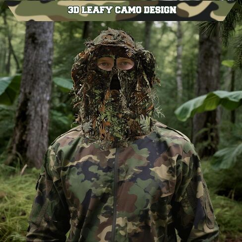 Punchman 3D Leeky Camo Face Mask Hat للرجال Deer Duck Turkey Hunting ، Hiter Tactical Boonie Hats ، Camo Ghillie Bucket Hat لصيد الغزلان ، صيد الأسماك (عصابة رأس قابلة للتعديل وذقن) in Kuwait
