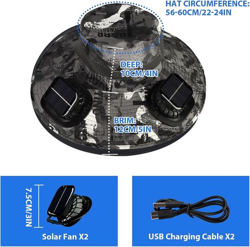 Solar Fan Hat,Hat with Fans Solar Power,Men's Wide Brim Solar Fan Outdoor Fishing Hat,with 2 Solar Fans Fishing Hats,3 Speed Adjustable Fans Hats in Saudi Arabia