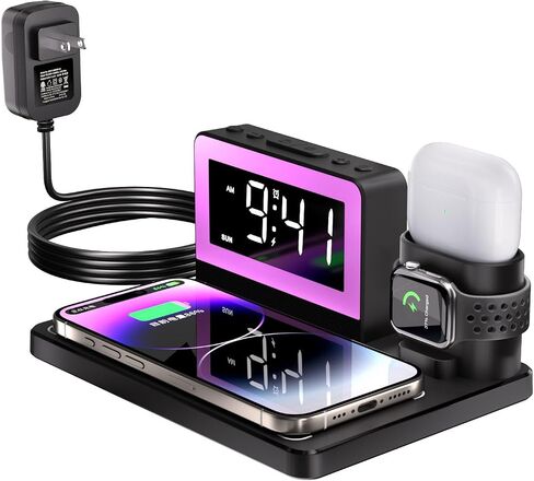 محطة الشحن السريعة اللاسلكية - 7 في 1 إنذار مع حامل الشاحن اللاسلكي - شحن Dock لأجهزة Apple/Samsung Galaxy المتعددة - لمشاهدة iPhone و AirPods (أسود) in Saudi Arabia