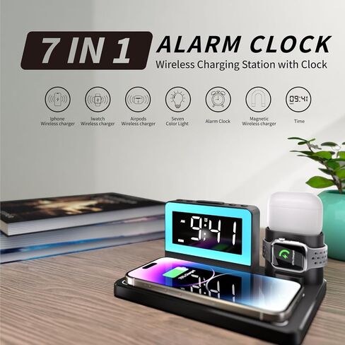 محطة الشحن السريعة اللاسلكية - 7 في 1 إنذار مع حامل الشاحن اللاسلكي - شحن Dock لأجهزة Apple/Samsung Galaxy المتعددة - لمشاهدة iPhone و AirPods (أسود) in Saudi Arabia