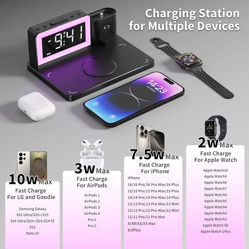 محطة الشحن السريعة اللاسلكية - 7 في 1 إنذار مع حامل الشاحن اللاسلكي - شحن Dock لأجهزة Apple/Samsung Galaxy المتعددة - لمشاهدة iPhone و AirPods (أسود) in Saudi Arabia