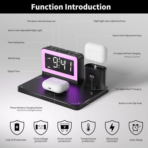محطة الشحن السريعة اللاسلكية - 7 في 1 إنذار مع حامل الشاحن اللاسلكي - شحن Dock لأجهزة Apple/Samsung Galaxy المتعددة - لمشاهدة iPhone و AirPods (أسود) in Saudi Arabia