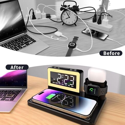 محطة الشحن السريعة اللاسلكية - 7 في 1 إنذار مع حامل الشاحن اللاسلكي - شحن Dock لأجهزة Apple/Samsung Galaxy المتعددة - لمشاهدة iPhone و AirPods (أسود) in Saudi Arabia
