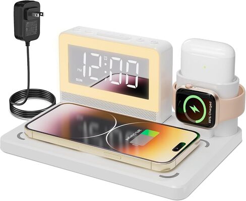 محطة الشحن السريعة اللاسلكية - 7 في 1 إنذار مع حامل الشاحن اللاسلكي - شحن Dock لأجهزة Apple/Samsung Galaxy المتعددة - لمشاهدة iPhone و AirPods (أسود) in Saudi Arabia