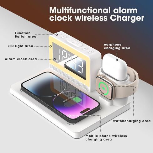 محطة الشحن السريعة اللاسلكية - 7 في 1 إنذار مع حامل الشاحن اللاسلكي - شحن Dock لأجهزة Apple/Samsung Galaxy المتعددة - لمشاهدة iPhone و AirPods (أسود) in Saudi Arabia
