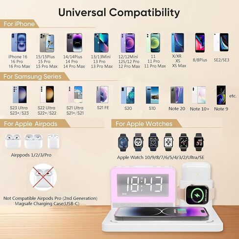 محطة الشحن السريعة اللاسلكية - 7 في 1 إنذار مع حامل الشاحن اللاسلكي - شحن Dock لأجهزة Apple/Samsung Galaxy المتعددة - لمشاهدة iPhone و AirPods (أسود) in Saudi Arabia