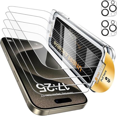 UNBREAKcable for iPhone 15 Pro Max Screen Protector 4+2 Pack [9H+ Military-Grade Shatterproof] [Effortless Bubble-Free Installation] Ultra HD Clarity Tempered Glass with Lens Protector, Case friendly in Saudi Arabia