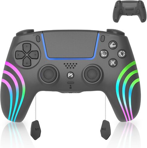 جهاز التحكم اللاسلكي Arikroii متوافق مع PS-5/Slim/Pro/PC/Steam Deck ، Gamepad مع 7 ألوان إضاءة RGB/الاهتزاز المزدوج/توربو/6 محور مستشعر/مقبس/بطارية قابلة للبرمجة (أسود) (أسود) in Kuwait