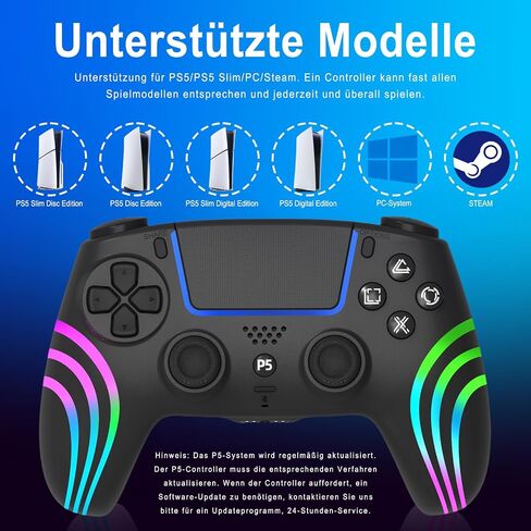 جهاز التحكم اللاسلكي Arikroii متوافق مع PS-5/Slim/Pro/PC/Steam Deck ، Gamepad مع 7 ألوان إضاءة RGB/الاهتزاز المزدوج/توربو/6 محور مستشعر/مقبس/بطارية قابلة للبرمجة (أسود) (أسود) in Kuwait