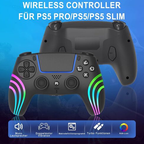جهاز التحكم اللاسلكي Arikroii متوافق مع PS-5/Slim/Pro/PC/Steam Deck ، Gamepad مع 7 ألوان إضاءة RGB/الاهتزاز المزدوج/توربو/6 محور مستشعر/مقبس/بطارية قابلة للبرمجة (أسود) (أسود) in Kuwait