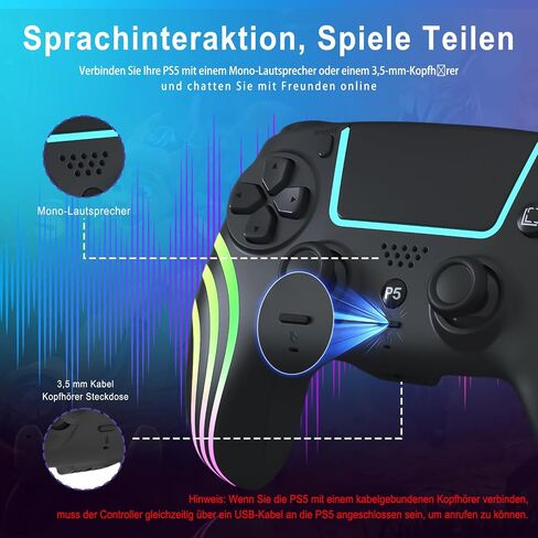 جهاز التحكم اللاسلكي Arikroii متوافق مع PS-5/Slim/Pro/PC/Steam Deck ، Gamepad مع 7 ألوان إضاءة RGB/الاهتزاز المزدوج/توربو/6 محور مستشعر/مقبس/بطارية قابلة للبرمجة (أسود) (أسود) in Kuwait