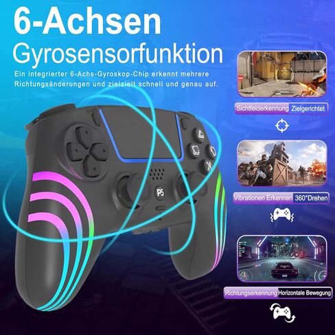 جهاز التحكم اللاسلكي Arikroii متوافق مع PS-5/Slim/Pro/PC/Steam Deck ، Gamepad مع 7 ألوان إضاءة RGB/الاهتزاز المزدوج/توربو/6 محور مستشعر/مقبس/بطارية قابلة للبرمجة (أسود) (أسود) in Kuwait