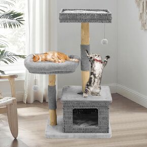 Modern Wood Cat Tree for Indoor Cats, Multi-Level Boho Cat Tree with Natural Sisal Scratching Post, Cat Tree Tower for Large Cats, Hand-Made Cat Condo & Cozy Top Perch, Hanging Toy Ball in Kuwait