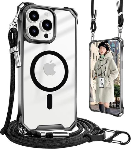 Unnfiko for iPhone 16 Pro Case واضحة ، متوافقة مع Magsafe ، علبة هاتف Crossbody مع حزام الكتف ، حماية قطرة مقاومة للصدمات ، حالة هاتف مغناطيسي لـ iPhone 16 Pro (أسود) in Kuwait