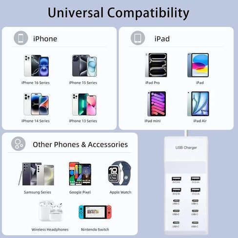 محطة شحن سطح مكتب USB 8 ، مناسبة لشحن أجهزة متعددة في وقت واحد ، متوافقة مع الهواتف المحمولة والأجهزة اللوحية وسماعات Bluetooth وأجهزة شحن USB الأخرى in Kuwait