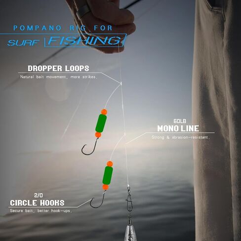 Pompano Rig Saltwater Surf Fishing Parcs-منصات زعيم مزدوجة قطرة مع السنانير ، العوامات ، الخرز والمفاجئة-معالجة طرفية سهلة مسبقًا لبومبانو ، وايتنج ، والأسماك الحمراء in Kuwait