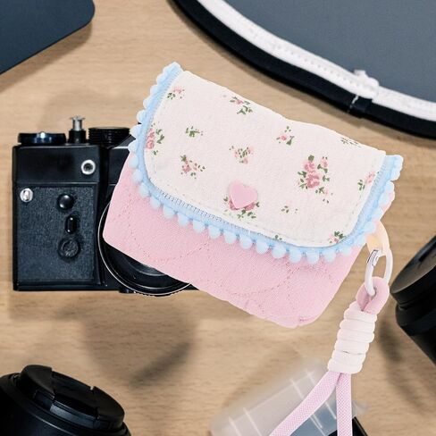 LOGOFUN Floral Cotton Camera Protective Pouch Portable Small Travel Organizer for Outdoor Photography Accessories - Pink in Saudi Arabia