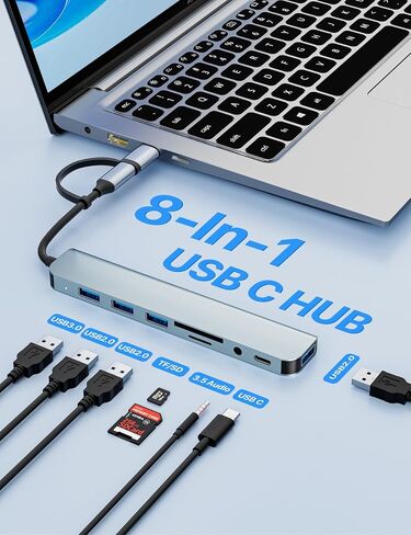 USB C/USB Hub Multiport Adapter,USB 3.0 Hub Aluminum 8 in 1 USB Splitter with SD/TF Card Reader,1 x USB 3.0, 3 x USB 2.0, 1 x USB C,and 3.5mm Audio Output for MacBook Pro Air,iPad Pro,Laptop in Kuwait
