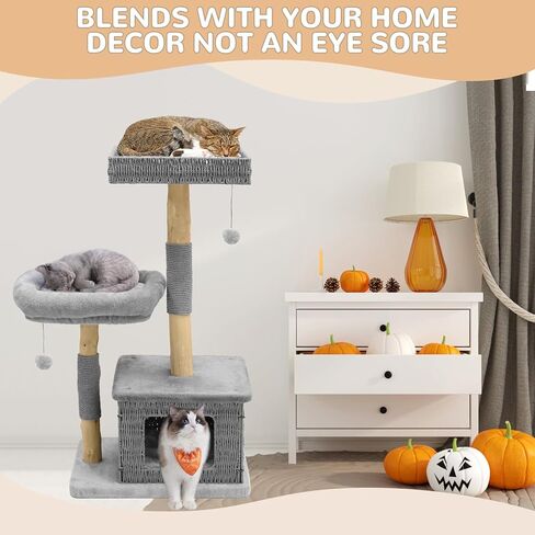 Modern Wood Cat Tree for Indoor Cats, Multi-Level Boho Cat Tree with Natural Sisal Scratching Post, Cat Tree Tower for Large Cats, Hand-Made Cat Condo & Cozy Top Perch, Hanging Toy Ball in Kuwait