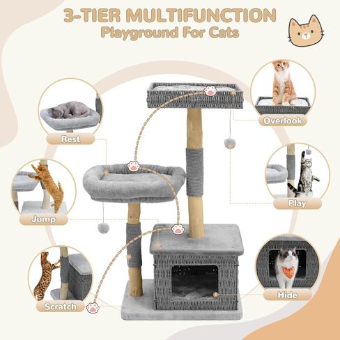 Modern Wood Cat Tree for Indoor Cats, Multi-Level Boho Cat Tree with Natural Sisal Scratching Post, Cat Tree Tower for Large Cats, Hand-Made Cat Condo & Cozy Top Perch, Hanging Toy Ball in Kuwait