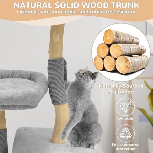 Modern Wood Cat Tree for Indoor Cats, Multi-Level Boho Cat Tree with Natural Sisal Scratching Post, Cat Tree Tower for Large Cats, Hand-Made Cat Condo & Cozy Top Perch, Hanging Toy Ball in Kuwait