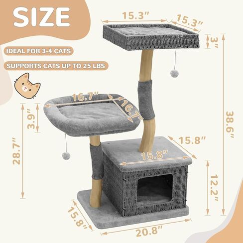 Modern Wood Cat Tree for Indoor Cats, Multi-Level Boho Cat Tree with Natural Sisal Scratching Post, Cat Tree Tower for Large Cats, Hand-Made Cat Condo & Cozy Top Perch, Hanging Toy Ball in Kuwait