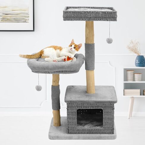 Modern Wood Cat Tree for Indoor Cats, Multi-Level Boho Cat Tree with Natural Sisal Scratching Post, Cat Tree Tower for Large Cats, Hand-Made Cat Condo & Cozy Top Perch, Hanging Toy Ball in Kuwait